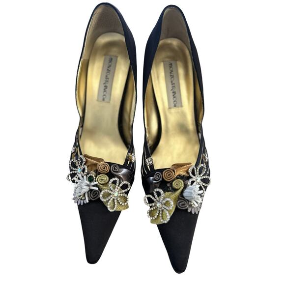 Vintage Y2K Black Pointed Toe Heel Floral Rhinestone Embellished - Picture 3 of 8